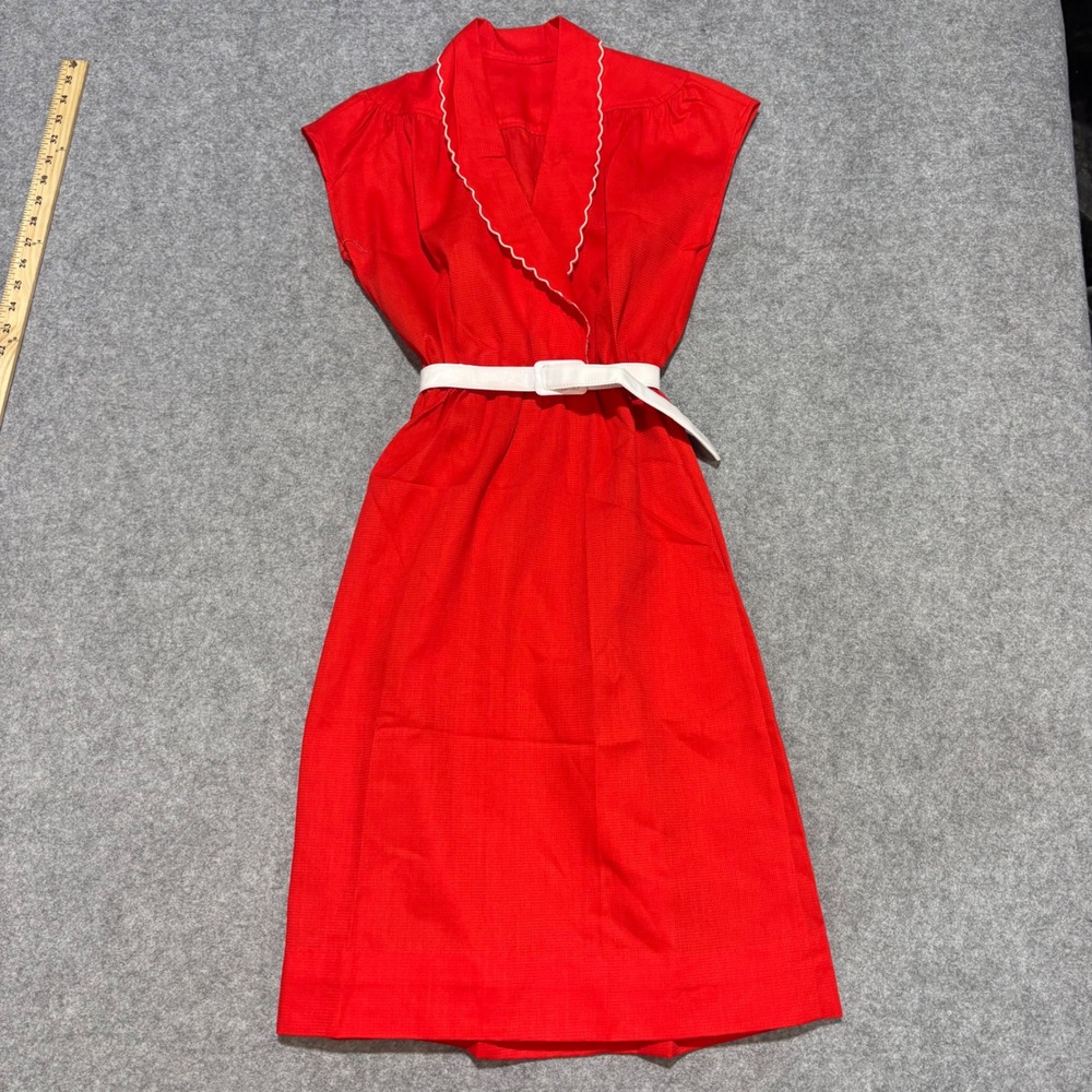 Vintage Red Rickrack Trim Wrap Midi Dress with Belt Sleeveless Pockets Red